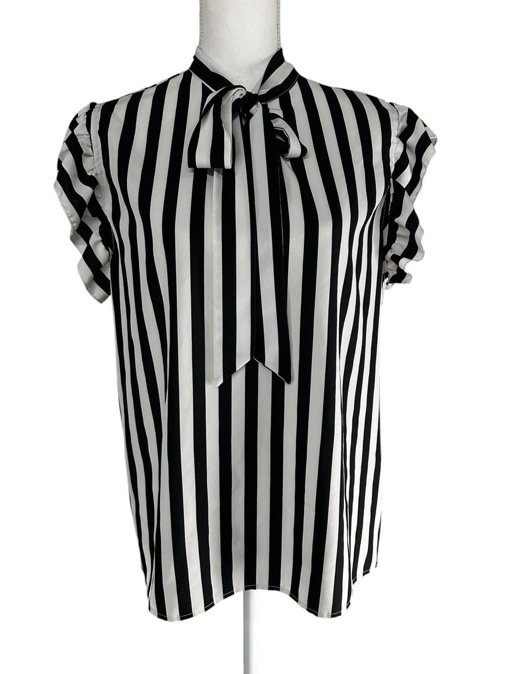 Black & White Stripe Sleeveless Blouse / Bow & Ruffle Sleeves / XL / Whimsigoth